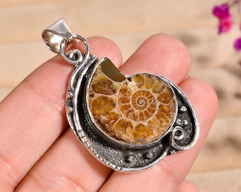 Natural Ammonite Gemstone Pendant, 925 Sterling Silver Pendant, Handmade Pendant, Women Pendant, Wedding Jewelry, designer Pendant, Gift her