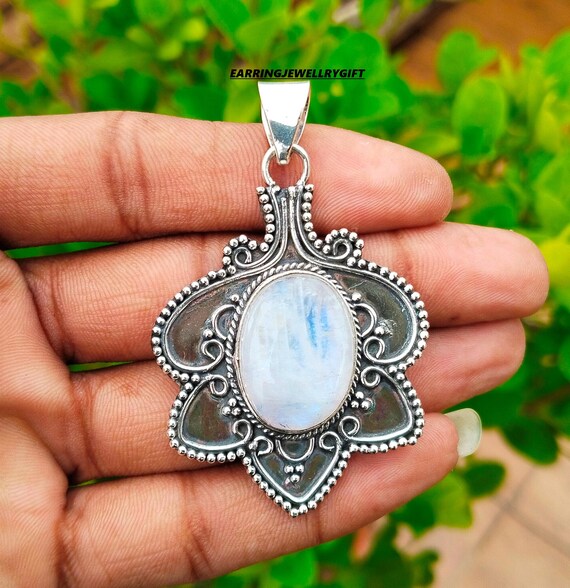 Feuriger Oval Mondstein Sterling Silber 925 Edelstein Anhänger