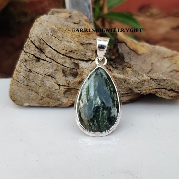 Seraphinite Pear Pendant: Dark Green Gemstone, 925 Sterling Silver