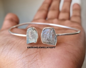 Brazalete de aguamarina cruda: brazalete de plata de ley hecho a mano, piedra natal de marzo