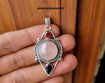 Rose Quartz Pendant: 925 Sterling Silver, Garnet Accent