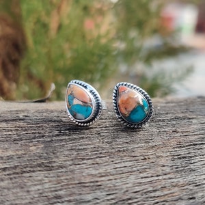 Oyster Copper Turquoise Pear Stone Solid 925 Sterling Silver Stud For Women, Handmade Boho Silver Studs For Wedding Anniversary Gift Items