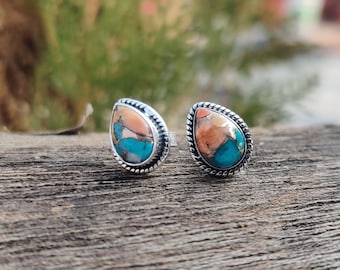 Oyster Copper Turquoise Pear Stone Solid 925 Sterling Silver Stud For Women, Handmade Boho Silver Studs For Wedding Anniversary Gift Items