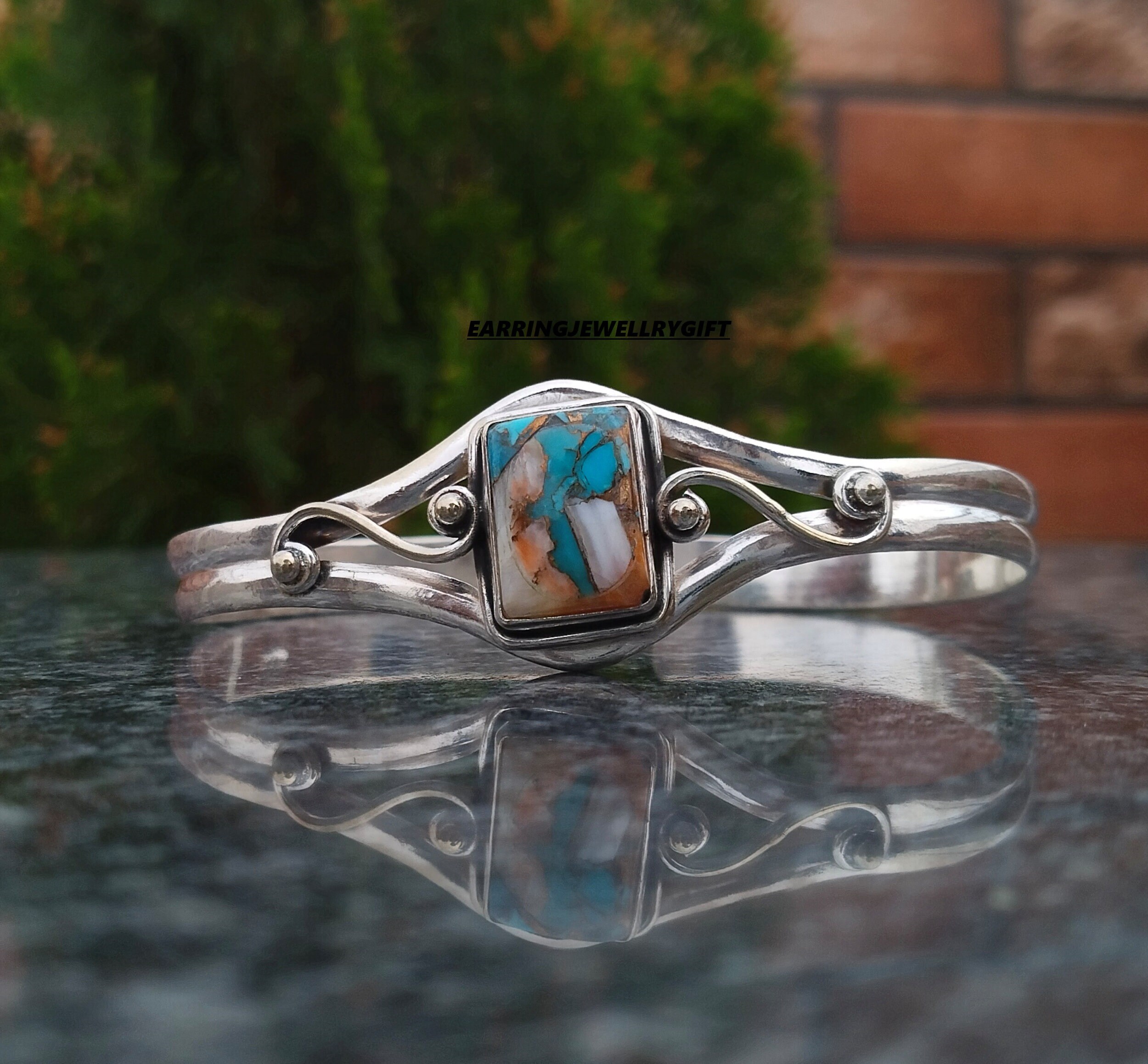 Oyster Copper Turquoise Bangle: 925 Sterling Silver