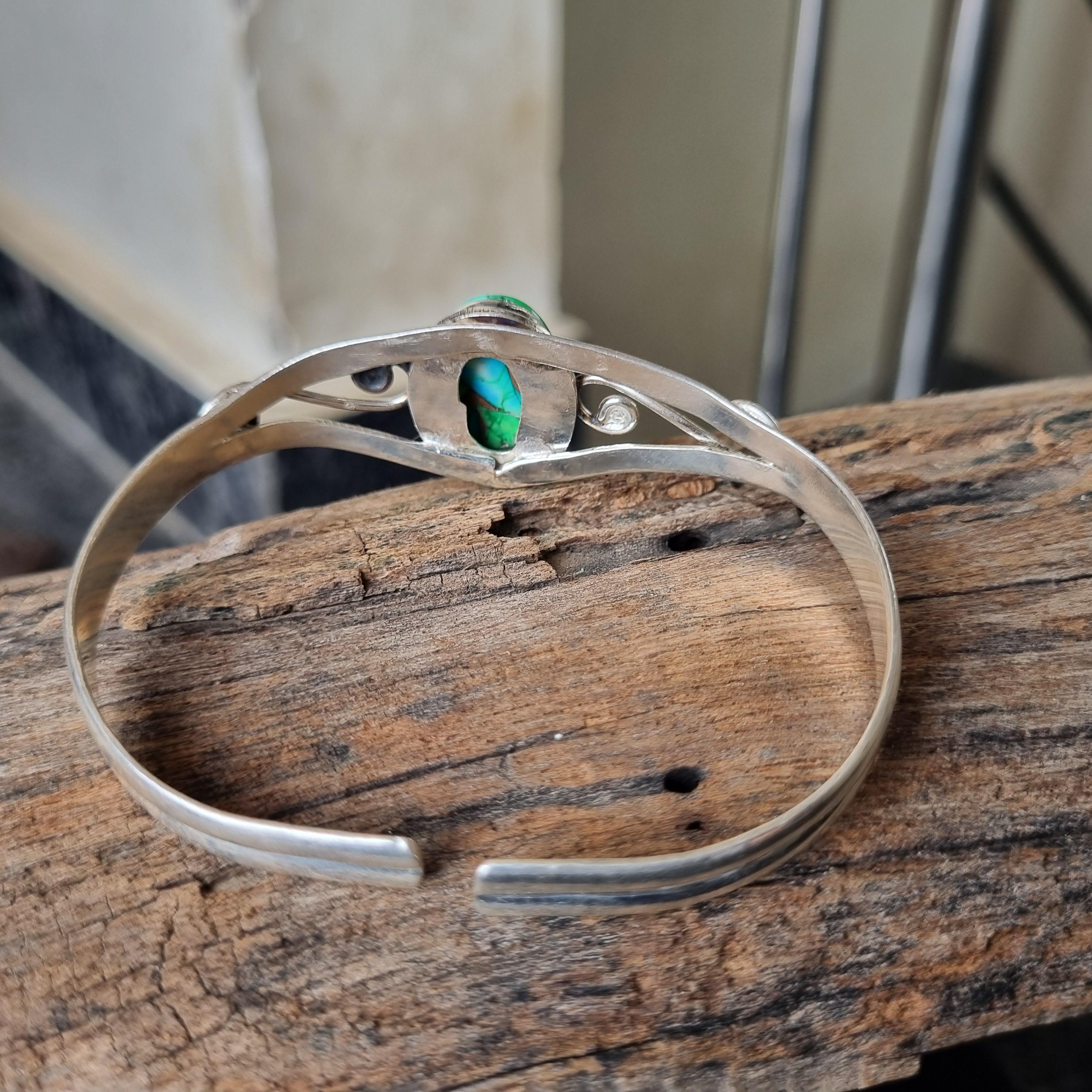Peacock Dahlia Turquoise Cuff Bracelet: Handmade Sterling Silver
