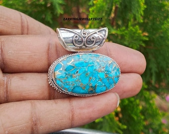 Blue Copper Turquoise Pendant: Handmade 925 Sterling Silver Jewelry