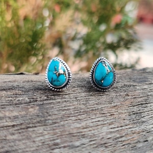 Blue Copper Turquoise Solid 925 Sterling Silver Stud Earrings For Women, Handmade Pear Spiral Silver Stud Earrings For Wedding Anniversary