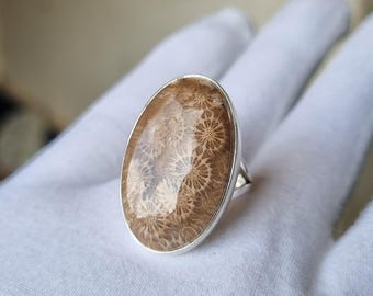 Sterling Silver Fossil Coral Ring: Handmade Petoskey Stone Jewelry