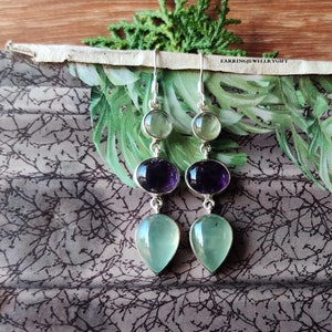 Amethyst & Prehnite Gemstone Earrings: 925 Sterling Silver Dangle Earrings