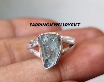 Handmade Raw Aquamarine Ring: Sterling Silver Split Band, March Birthstone