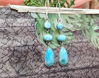 Natural Larimar Gemstone Earring in 925 Sterling Silver, Natural Blue Larimar Hook Earring, Sterling Silver Dangle Earring, Gift for her