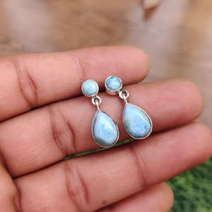 Larimar Sterling Silver Stud Earrings: Round & Pear Stone Jewelry