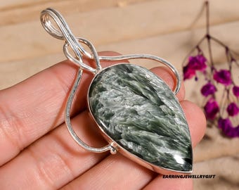 Natural Seraphinite Pendant, Pear Pendant, Dark Green Gemstone Pendant, 925 Sterling Silver Pendant, Anniversary Pendant, Gift for Her L-937