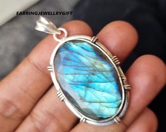 Blue Fire Labradorite Pendant: Handmade 925 Sterling Silver Gemstone Jewelry