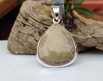 Handmade Pear Golden Rutile Quartz Pendant: 925 Sterling Silver