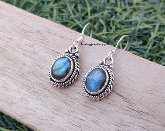 Handmade Labradorite Earrings: 925 Sterling Silver, Blue Fire