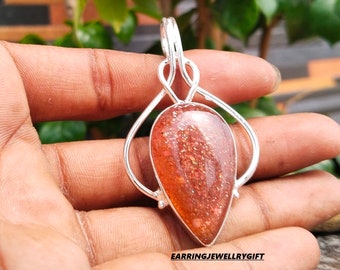 Pendentif En Argent Sterling 925, Pierre Soleil Rouge Créée En Labo - Fait Main En Inde