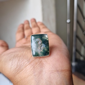 Handmade Moss Agate Sterling Silver Ring: Boho Statement Jewelry