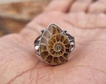 Handmade Pear Ammonite Fossil Ring: 925 Sterling Silver