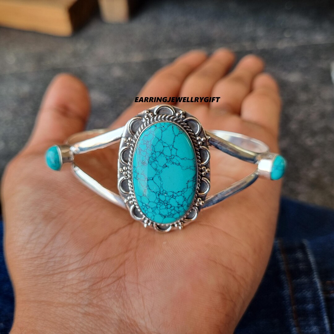 Handmade Turquoise Bangle: Oval Gemstone, 925 Sterling Silver - Etsy