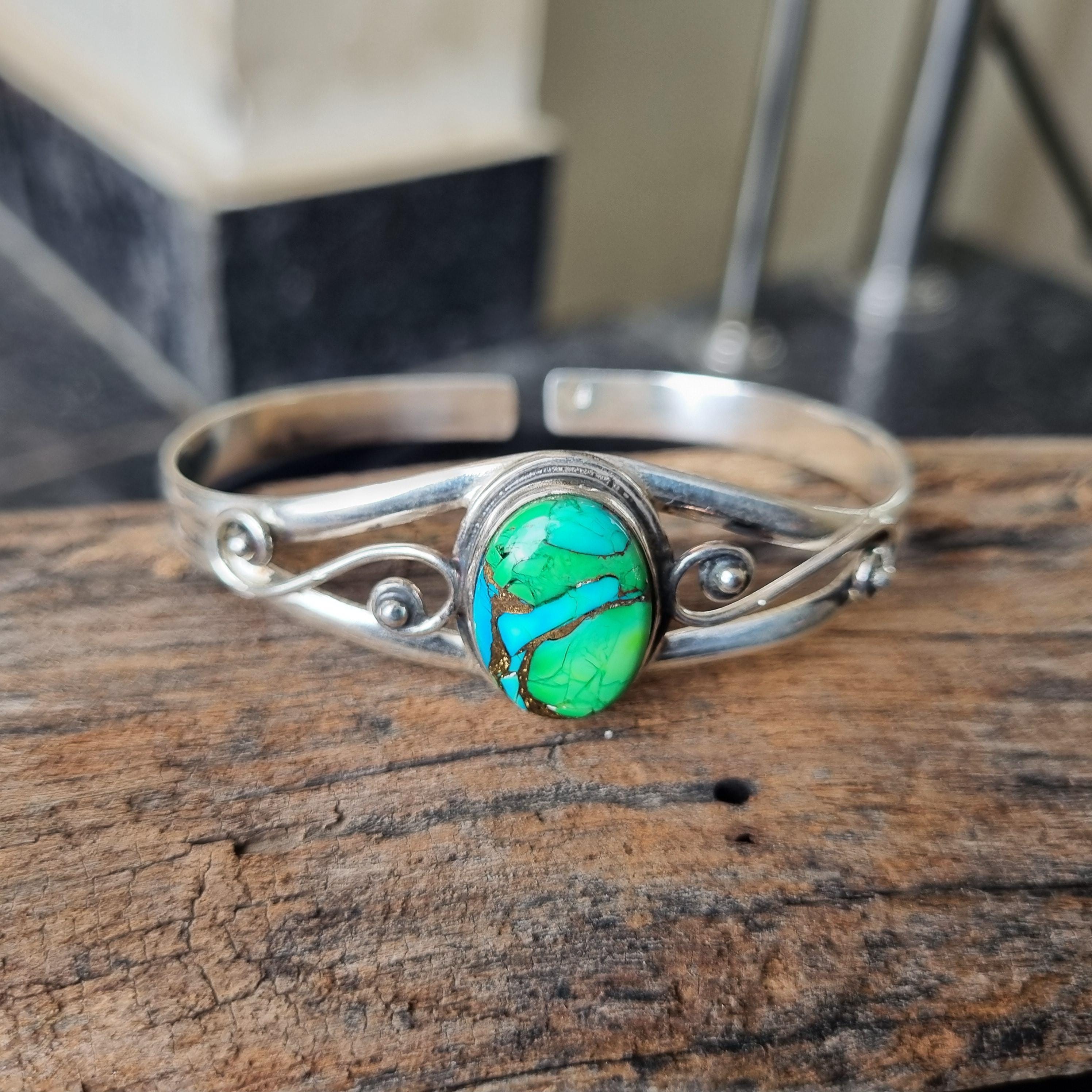 Peacock Dahlia Turquoise Cuff Bracelet: Handmade Sterling Silver
