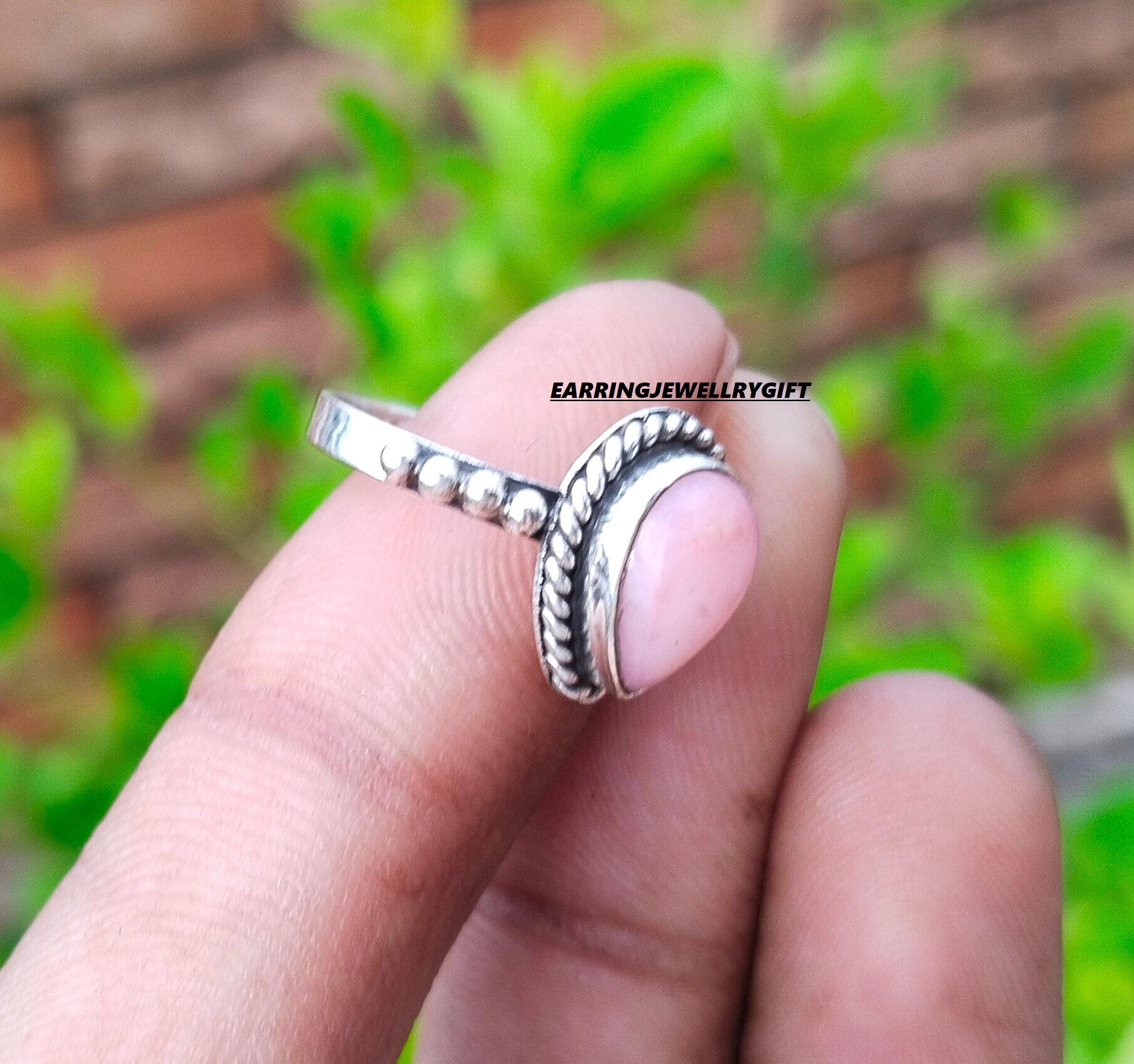 ハンドメイドのピンクオパールスターリングシルバーリング：記念日の