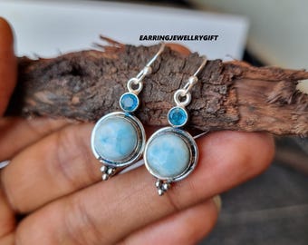 Larimar Gemstone Earrings: Sterling Silver, Blue Topaz Dangle