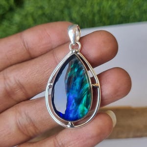 Blue Ammolite 925 Sterling Silver Teardrop Pendant: Handmade Bohemian Jewelry