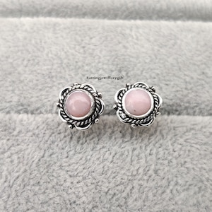 Natural Pink Opal Stud Earrings, 925 Sterling Silver, Round Gemstone Stud Earrings, Silver Earrings, Women Studs, Opal Jewelry, Studs
