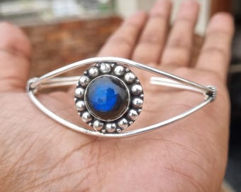 Handmade Labradorite Sterling Silver Cuff Bangle: Boho Gemstone Bracelet
