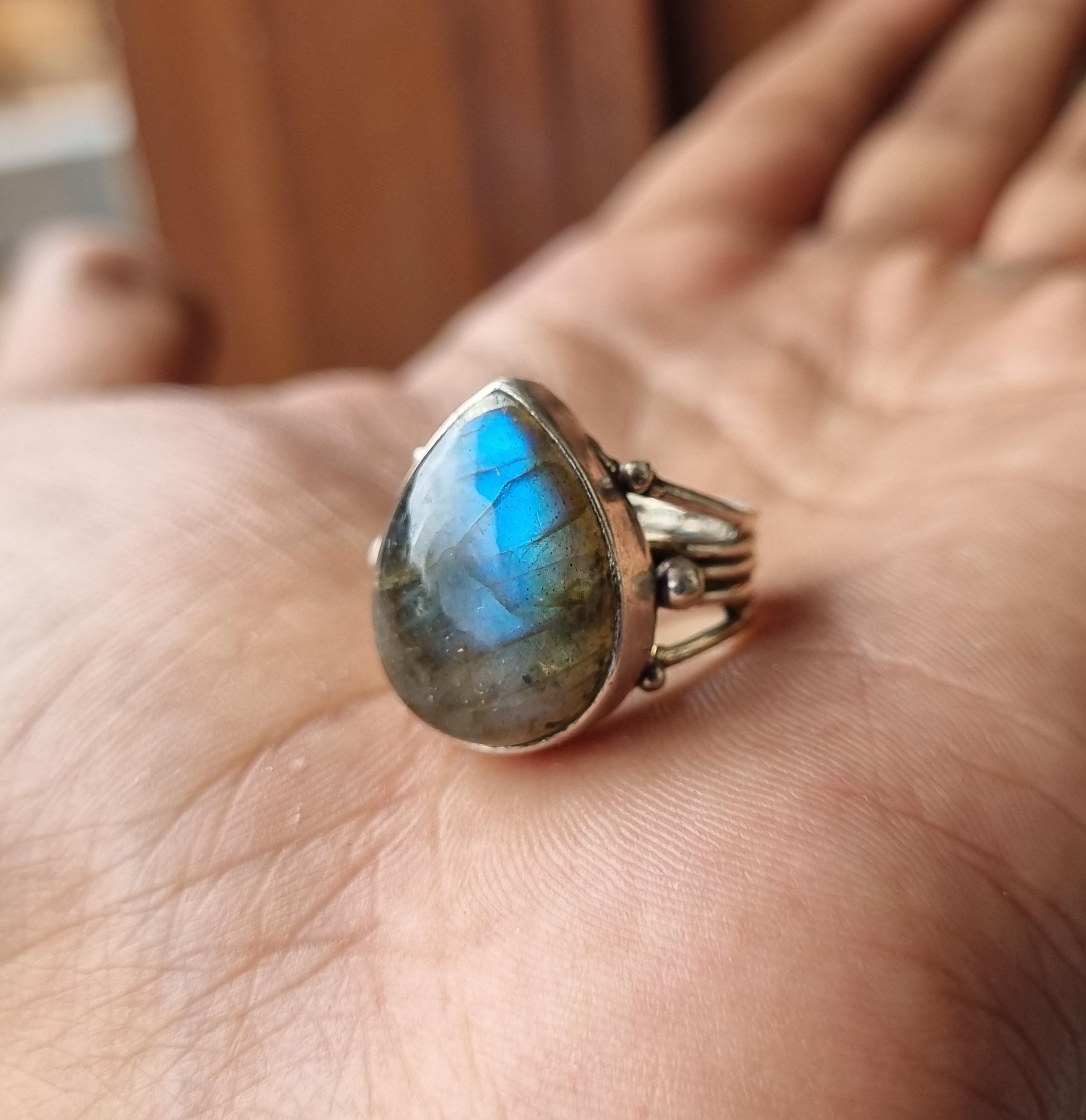 希少 OX JEWELRY Silver Labradorite Ring Teardrop Labradorite Ring: Sterling Silver Boho Statement Jewelry