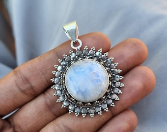 Handmade Sterling Silver Rainbow Moonstone Pendant: Bridal Jewelry