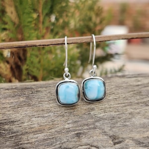 Natural Larimar Gemstone Earring in 925 Sterling Silver, Natural Blue Larimar Hook Earring, Sterling Silver Dangle Earring, Gift for her