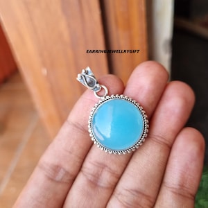 Blue Chalcedony Pendant~ 925 Sterling Silver Pendant~ Gemstone Pendant~ Aqua Chalcedony Necklace~ 20mmRound Shape Pendant~ Gift for Birthday