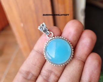 Ciondolo in argento sterling con calcedonio blu - Collana con pietra preziosa rotonda da 20 mm