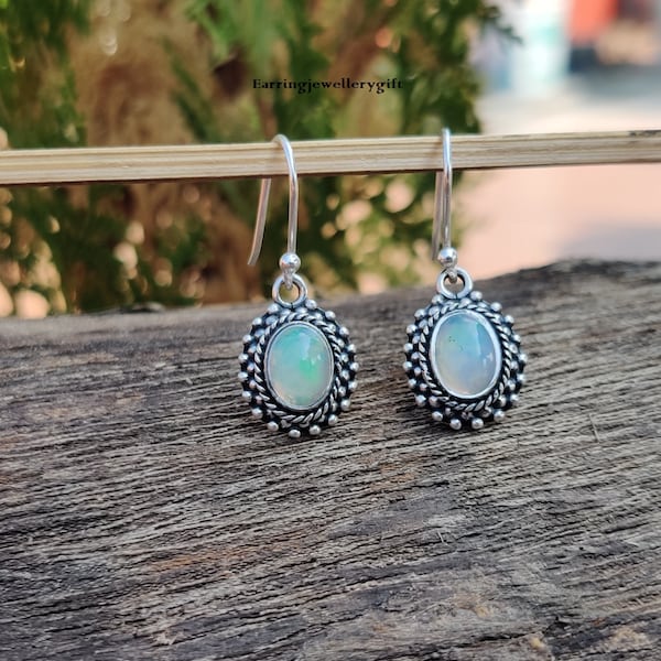 Gemstone Green Fire Opal Dangle Earrings – 925 Silver – Lab-Created – Nickel-Free