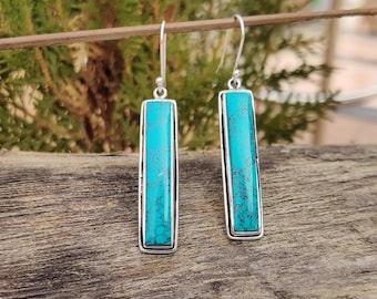 Sterling Silver Turquoise Bar Earrings: Long Dangle Gemstone
