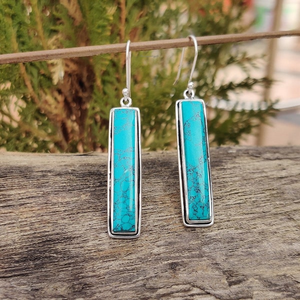 Long bar turquoise earrings,large faceted gemstone earring,long dangle strip earring,birthday Stone gift,mother gift,custom note card