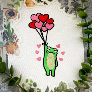 Funny frog with heart balloons, cute toad embroidery design, happy frog - DIGITAL machine embroidery file for instant download