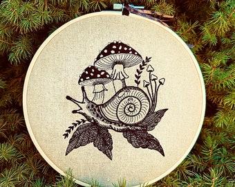 Snail with mushrooms machine embroidery design for instant download