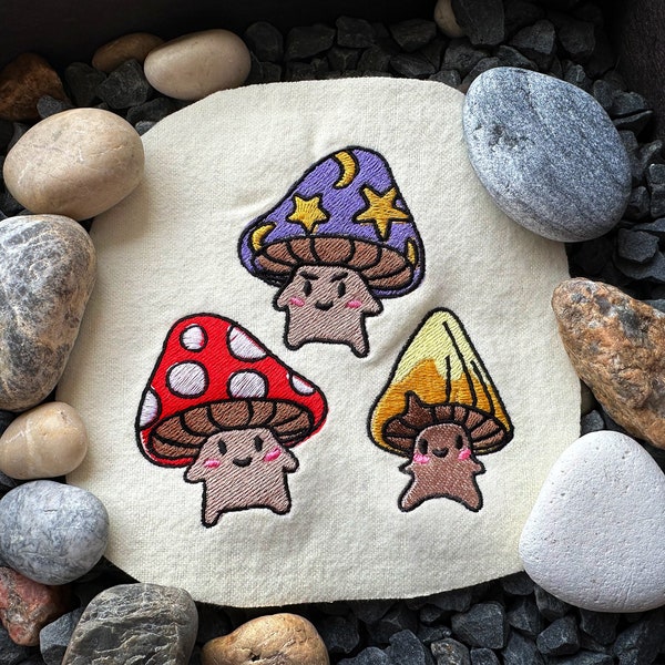 Three mushrooms embroidery bundle - DIGITAL machine embroidery designs for instant download for outfit decor