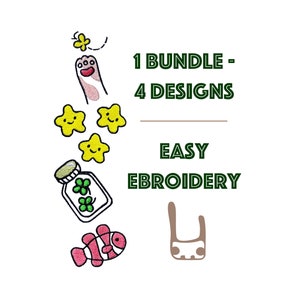 以下が含まれることがあります： 花が付いた足跡、四つ葉のクローバーが入った瓶、星、魚など、簡単な刺繍のデザインが4つセットになっています。画像には「1 BUNDLE - 4 DESIGNS」と「EASY EMBROIDERY」のテキストも含まれています。