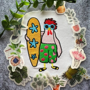Funny summer rooster embroidery - DIGITAL embroidery design of surfing rooster available for instant download