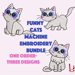 Lot de motifs de broderie machine chat, lot de trois chats rigolos pour machine à broder, fichiers de broderie NUMÉRIQUES à télécharger