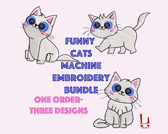 Funny Cats Machine Embroidery Designs, Set of Three (Digital Download)