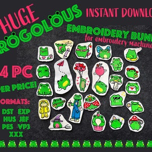 Może przedstawiać: Zestaw 24 wzorów do haftu przedstawiających urocze żaby w różnych pozach i strojach. Wzory są dostępne w wielu formatach, w tym DST, EXP, HUS, JEF, PES, VP3 i XXX. Wzory idealnie nadają się do użycia z maszynami do haftu.