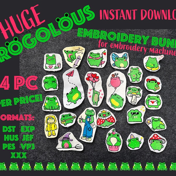 HUGE frog embroidery bundle with 24 pieces of digital embroidery frog designs for embroidery machine available for instant download