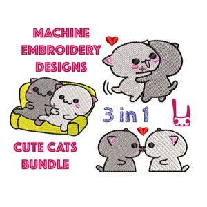 Kawaii anime cat machine embroidery bundle - DIGITAL files, bundle of three cats