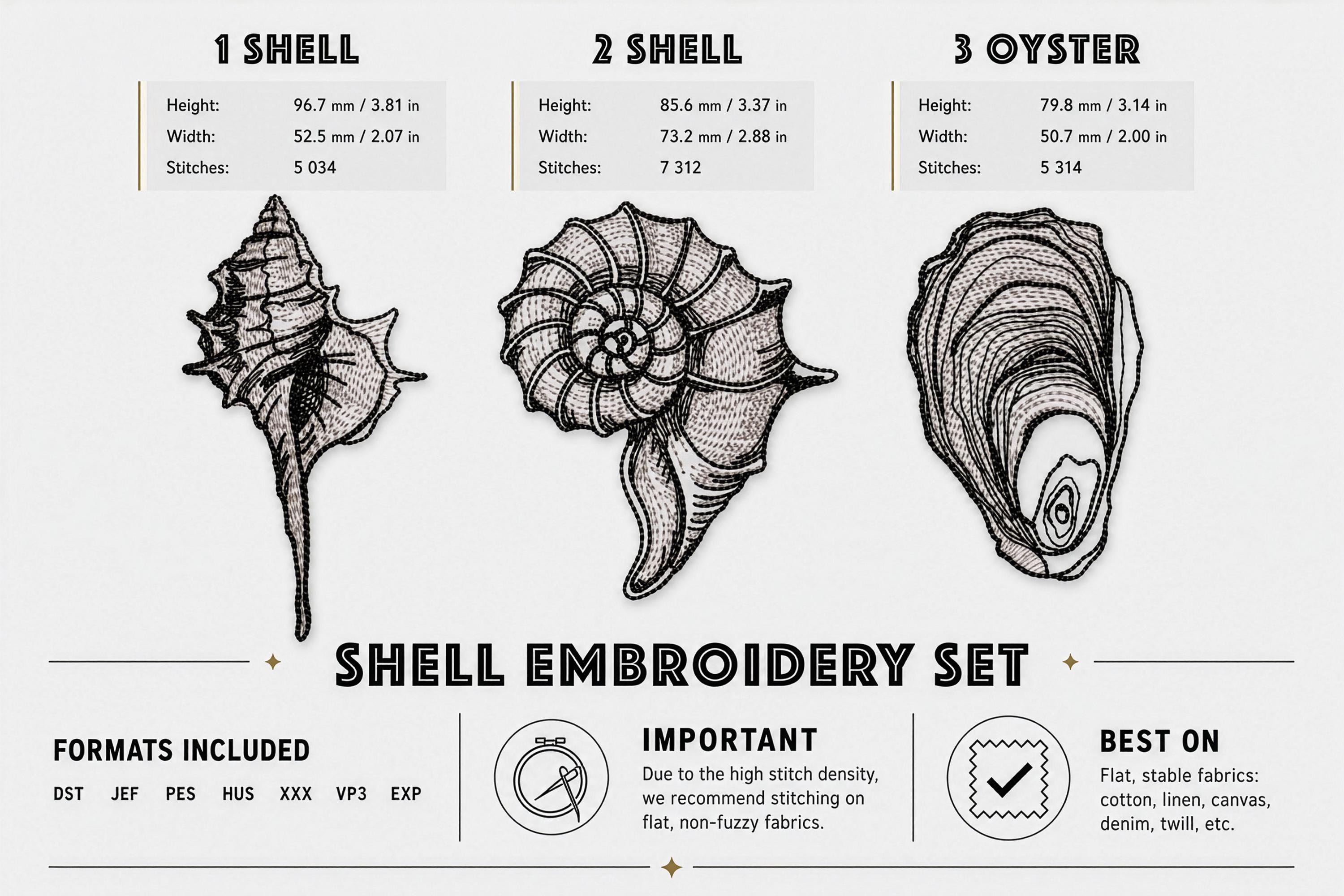 Seashell Machine Embroidery Design Set, Nautilus Oyster Shell Line Art ...
