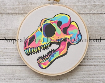 Pop TRex Skull Cross stitch pattern, digital download, pdf, fun colorful craft and home decor, gift for dino-lover, prehistoric, counted
